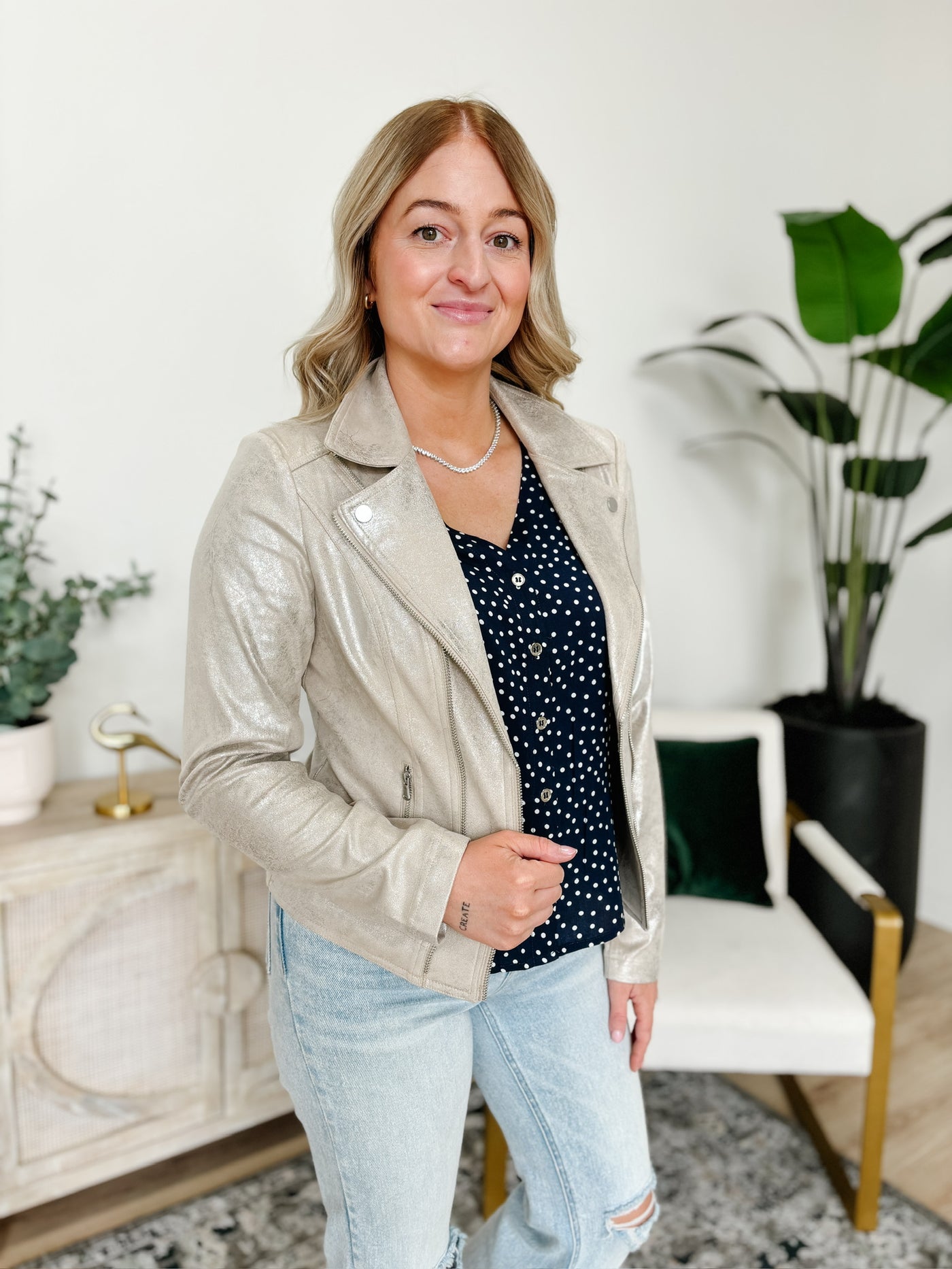 Charlie B Silver Foil Faux Leather Moto Jacket in Champagne