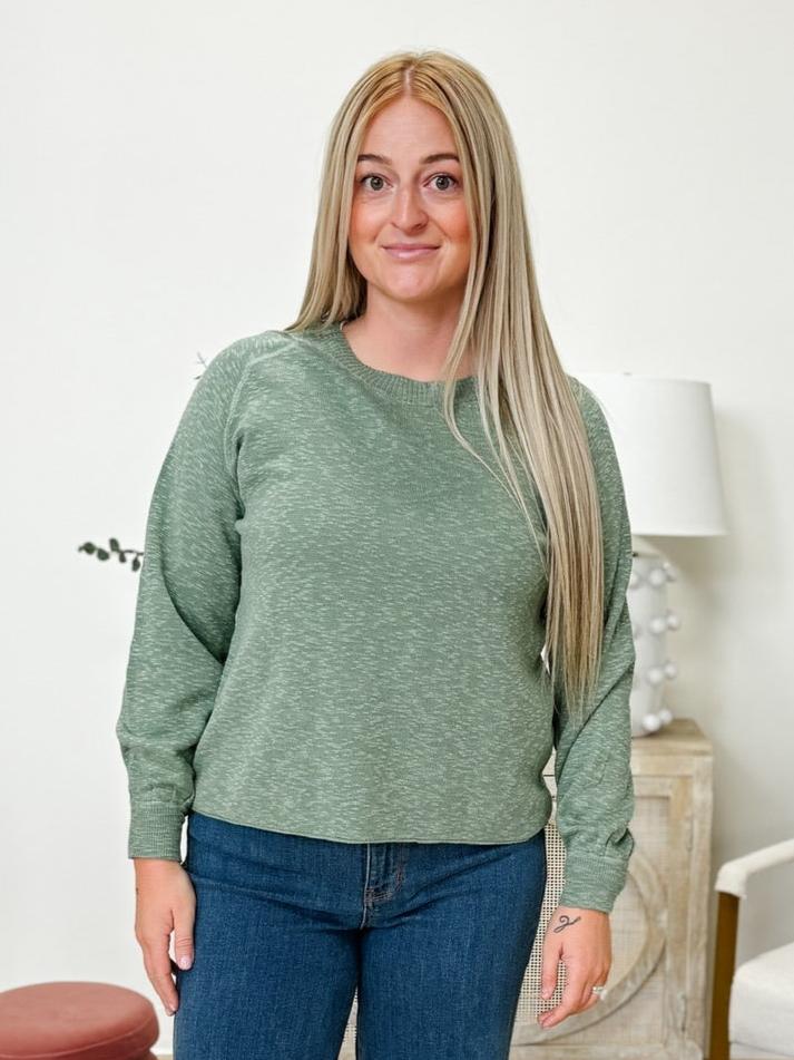 Raglan Slub Yarn Knit Sweater in Green