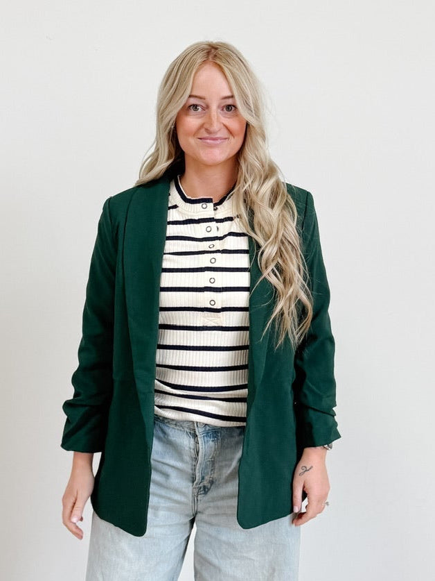 Open Front 3/4 Sleeve Classic Blazer in Hunter Green