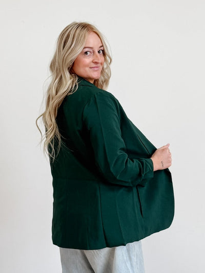 Open Front 3/4 Sleeve Classic Blazer in Hunter Green