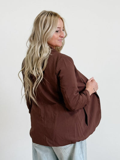 Open Front 3/4 Sleeve Classic Blazer in Brown
