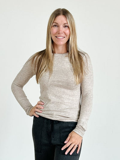 Brushed Long Sleeve Crewneck Tee in Light Heather Taupe