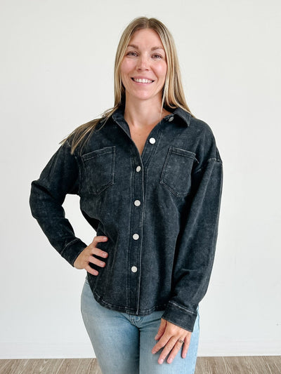Long Sleeve Knit Denim Jacket in Washed Black