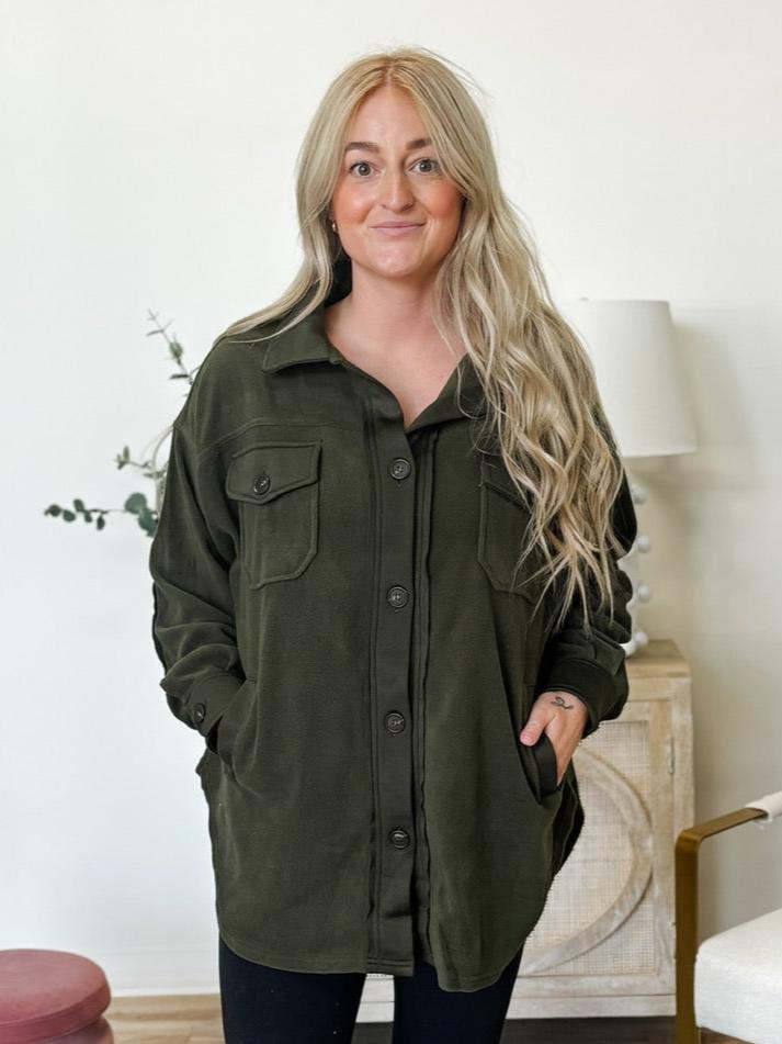 Oversized Basic Fleece Shacket in Dark Olive