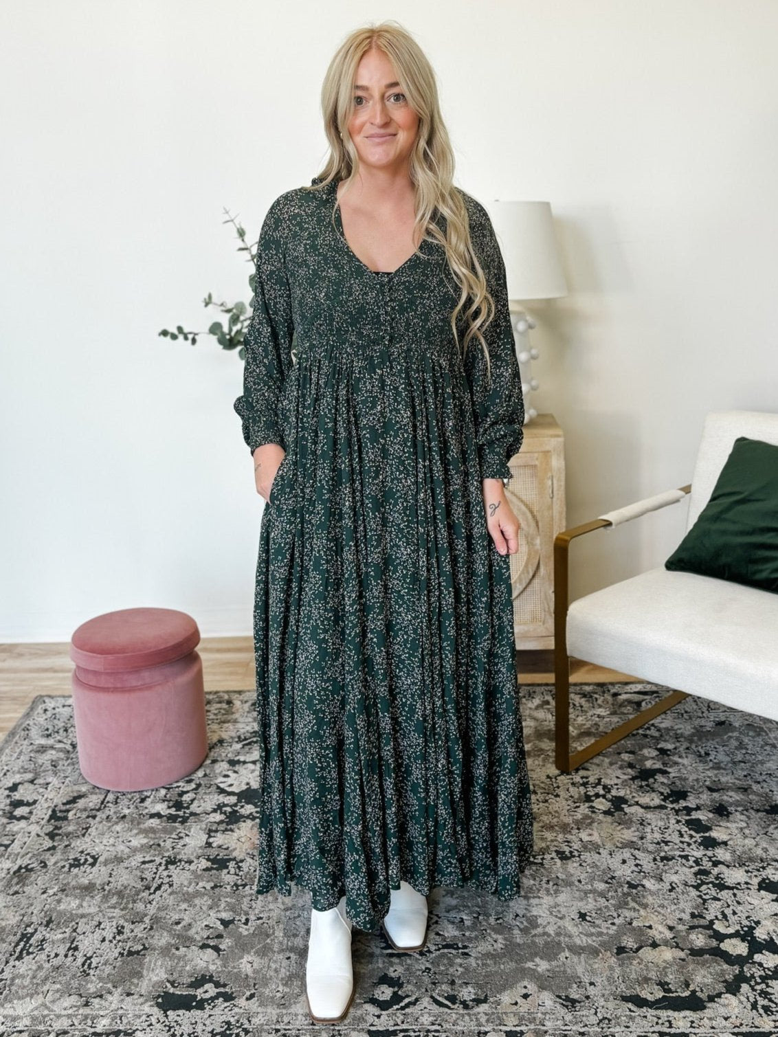 Smocked Floral Maxi Dress in Forest Green