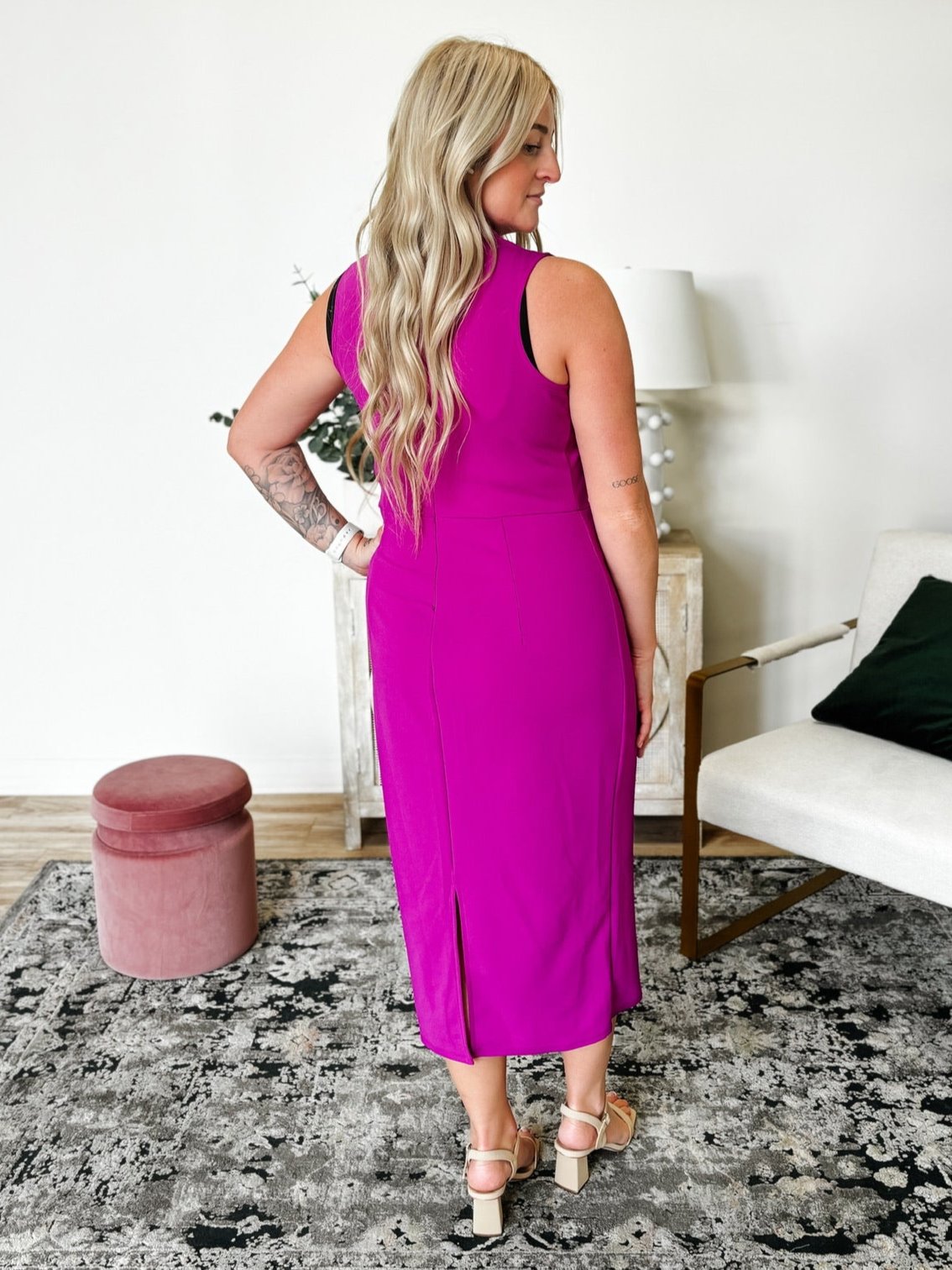 Sleeveless Mock Neck Midi Dress in Magenta