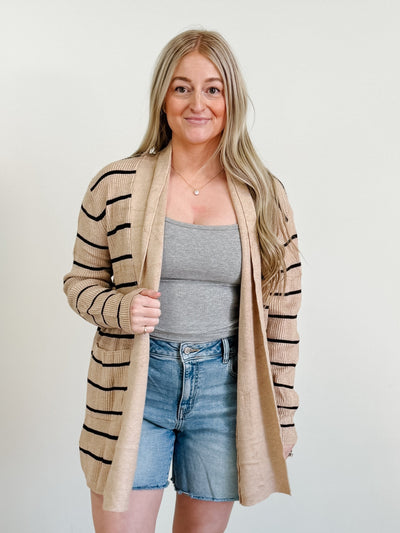 Stripe Shawl Neckline Open Cardigan With Pockets in Beige