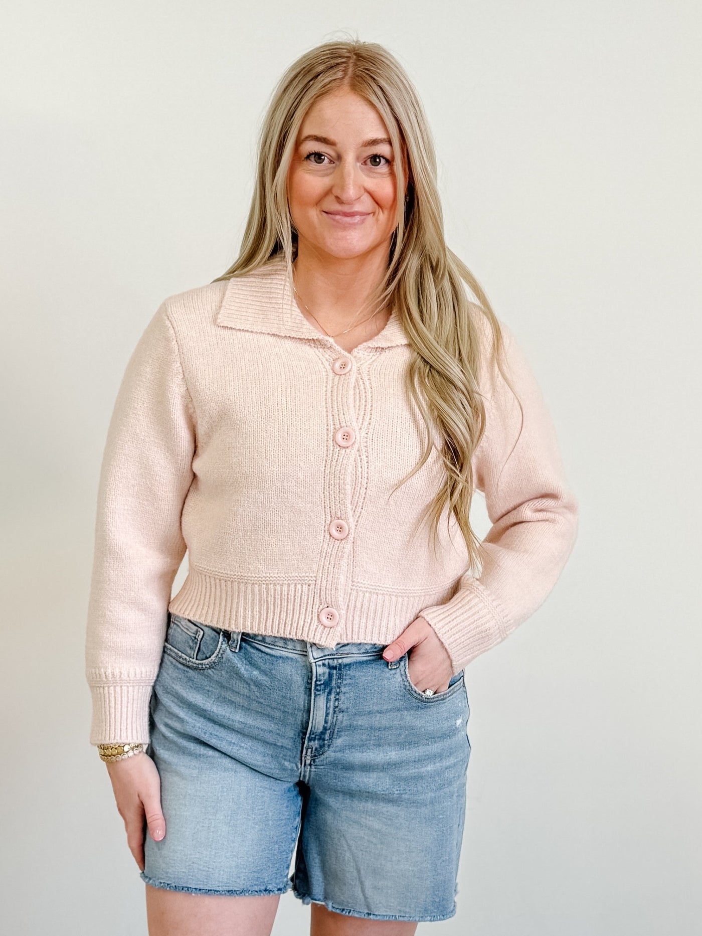 Knit Crop Button Cardigan in Pink