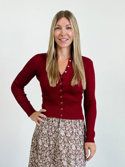 Snap Button Down Round Neck Knit Cardigan in Deep Red
