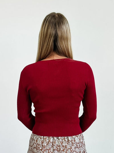 Snap Button Down Round Neck Knit Cardigan in Deep Red