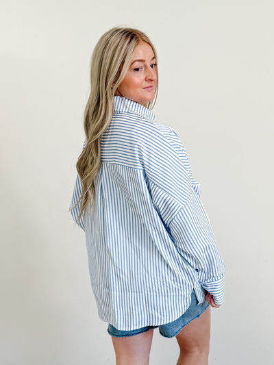 Drop Shoulder Textured Stripe Shirt in Blue