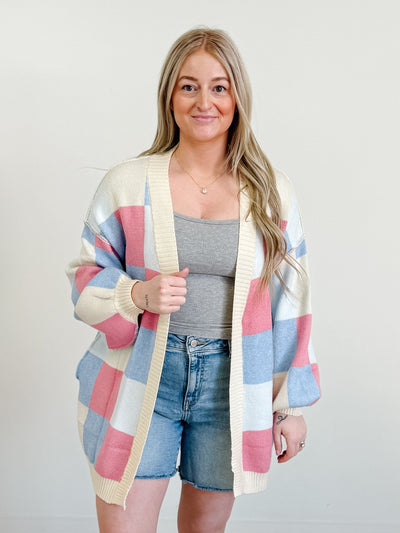 Checkered Drop Shoulder Exposed Seam Cardigan