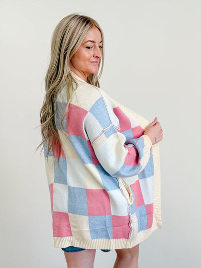 Checkered Drop Shoulder Exposed Seam Cardigan