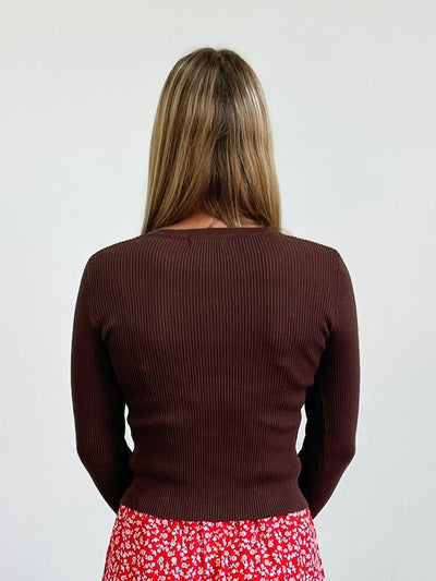 Snap Button Down Round Neck Knit Cardigan in Chocolate