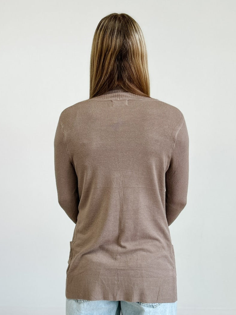 Open Cardigan With Ribbed Cuffs & Hem in Mocha