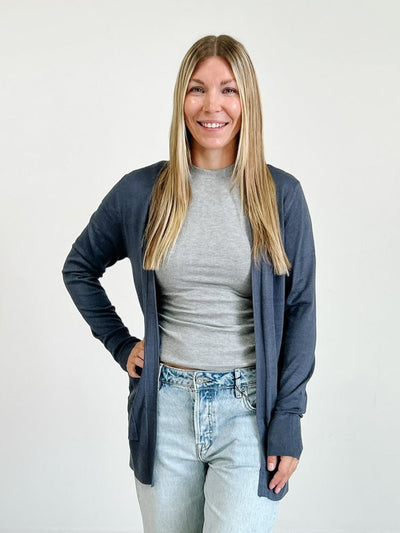 Open Knit Cardigan With Ribbed Hem Throughout Opening in Charcoal Blue
