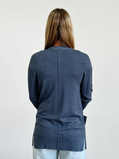 Open Knit Cardigan With Ribbed Hem Throughout Opening in Charcoal Blue