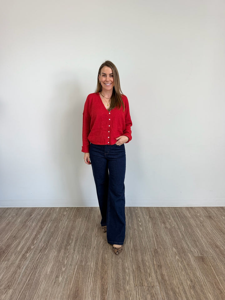 V Neck Batwing Sleeve Button Up Cardigan in Red