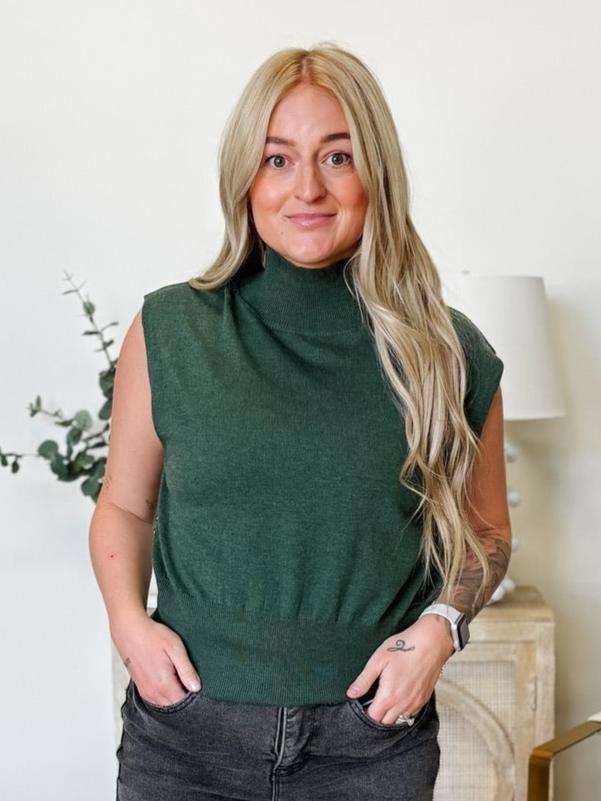 Sleeveless Chaleur Turtleneck Knit Top in Dark Green