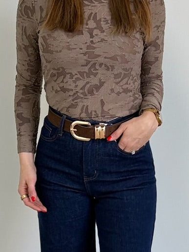 Faux Suede Rounded Double Loop D Ring Belt in Dark Brown