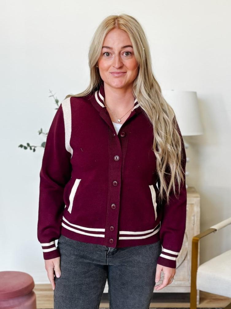 Button Down Varsity Bomber Jacket in Burgundy