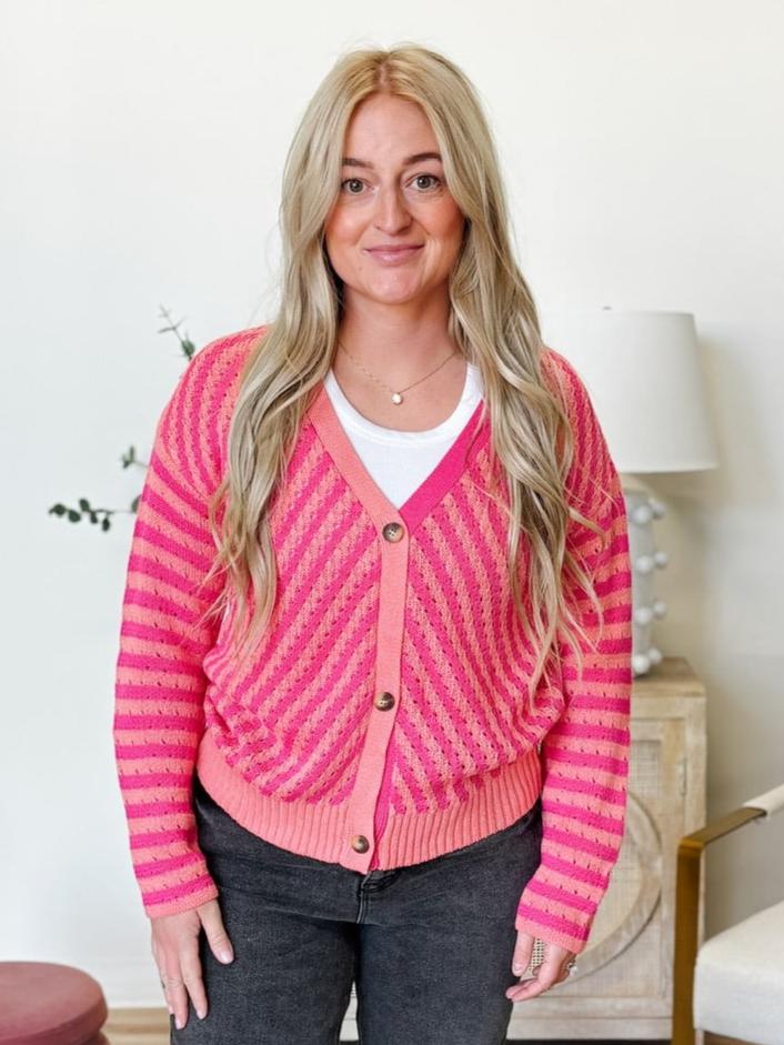 The Crochet Stripe Button Down Cardigan in Pink