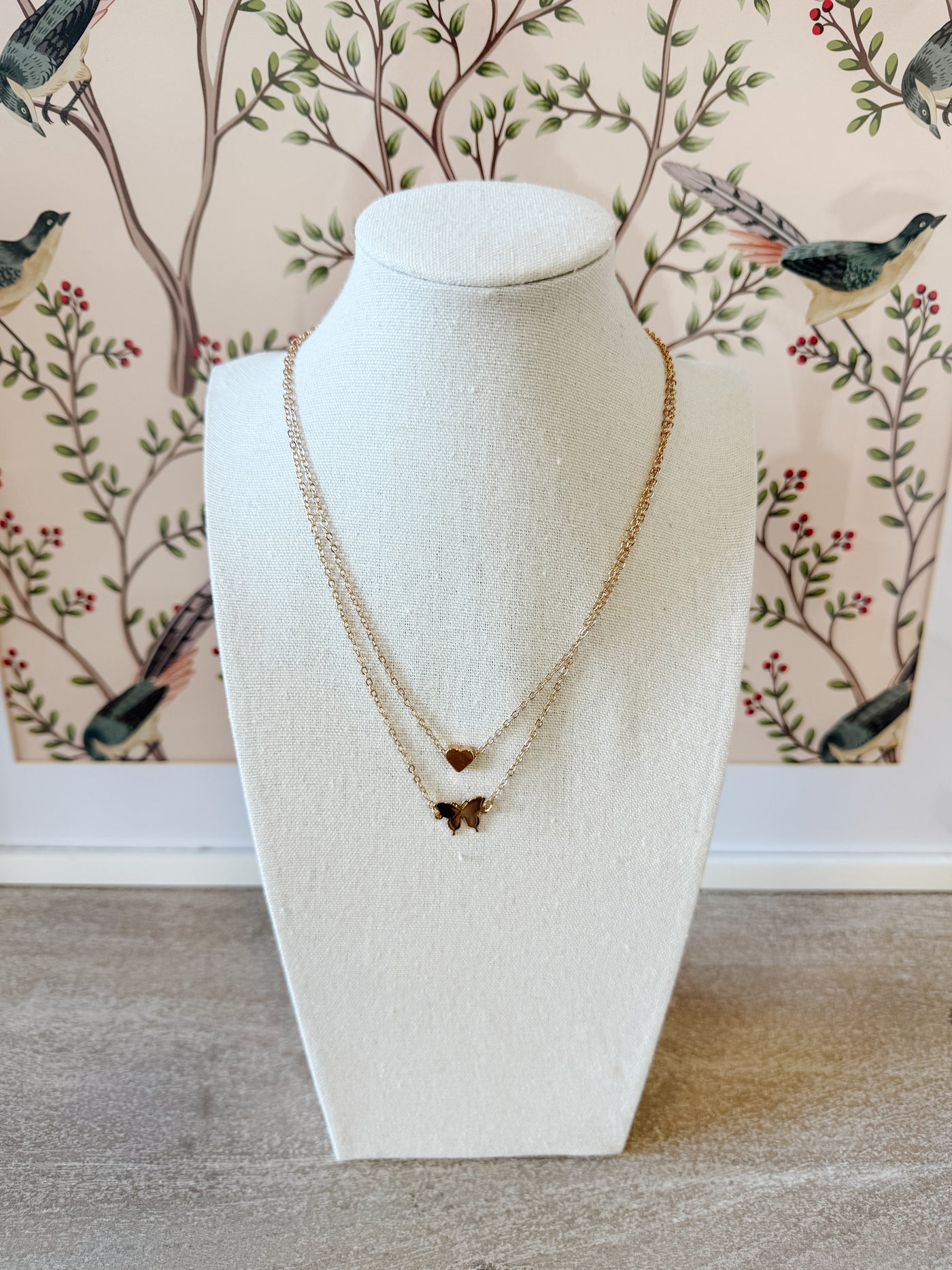 Layered Butterfly & Heart Charm Necklace - Gold