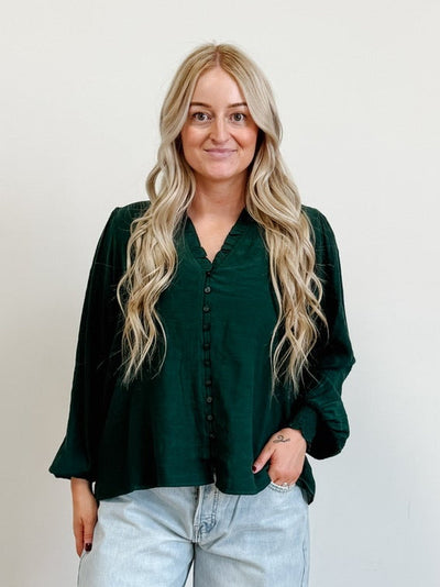 Ruffle Smock Cuff Boho Blouse in Hunter Green