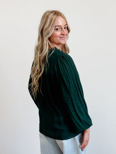 Ruffle Smock Cuff Boho Blouse in Hunter Green