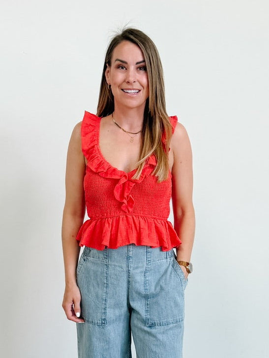 Cotton Gauze Smocked Ruffle V-Neck Tank Top