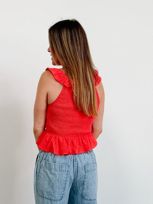 Cotton Gauze Smocked Ruffle V-Neck Tank Top