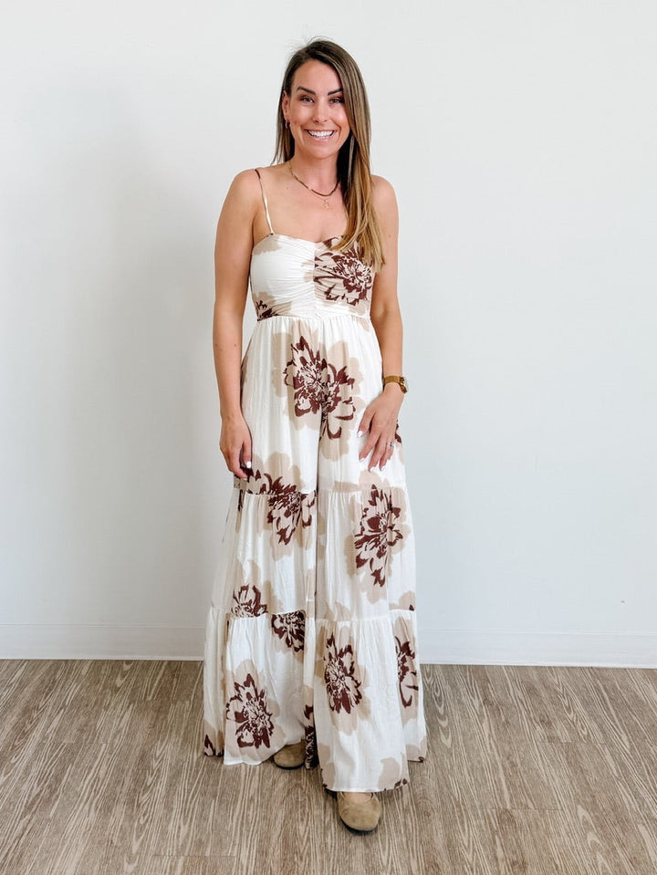 Floral-Print Crepe Wide-Leg Ruffle-Hem Ruched Cami Jumpsuit