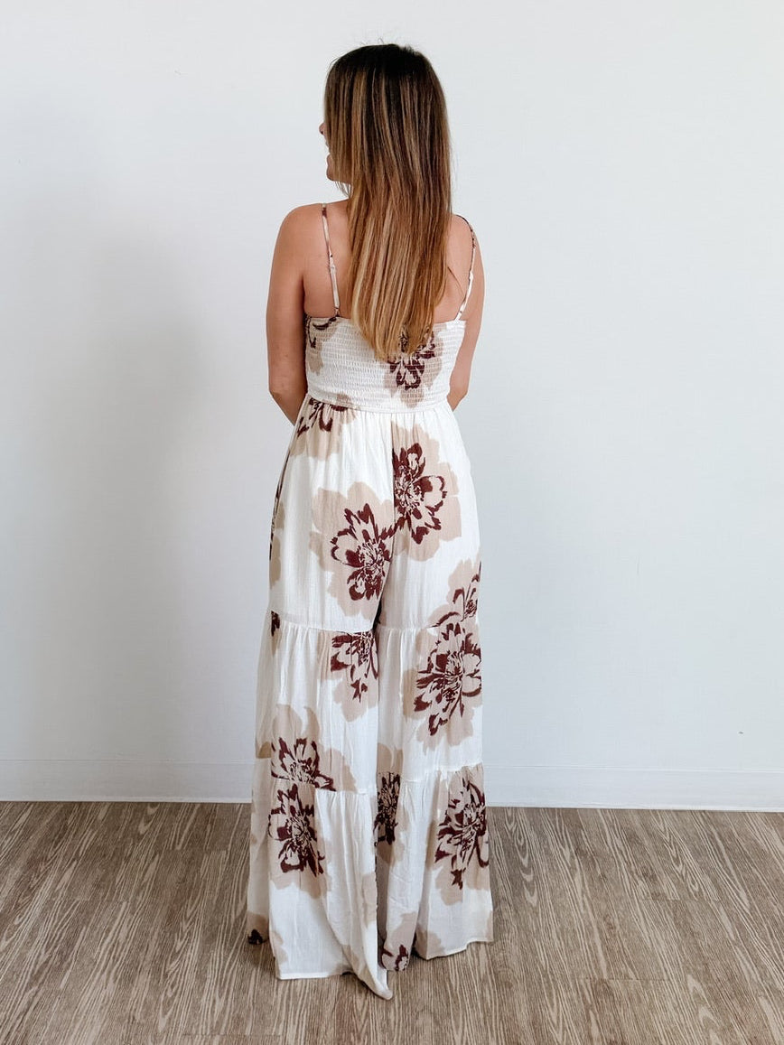 Floral-Print Crepe Wide-Leg Ruffle-Hem Ruched Cami Jumpsuit