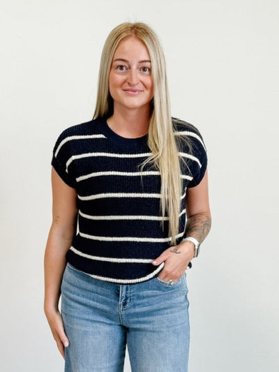 Stripe Extended Shoulder Short Sleeve Knit Sweater in Navy / White