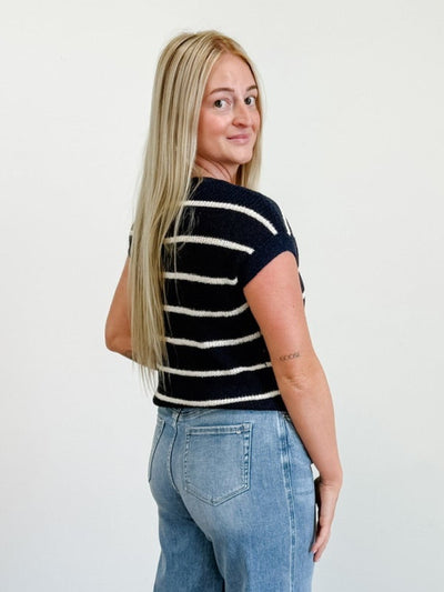 Stripe Extended Shoulder Short Sleeve Knit Sweater in Navy / White