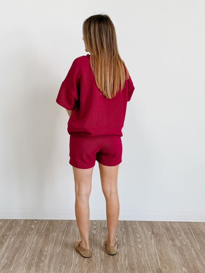 Ribbed Round Neck Waist Banded Tee &amp; Shorts Set in Cabernet