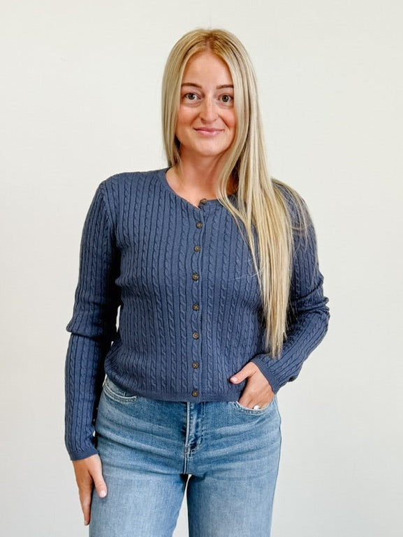 Cable Long Sleeve Buttoned Cardigan in Dusty Navy