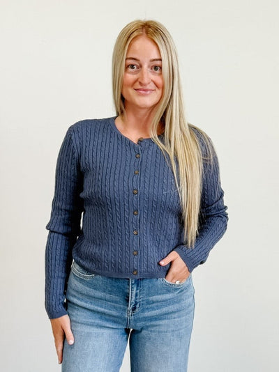 Cable Long Sleeve Buttoned Cardigan in Dusty Navy