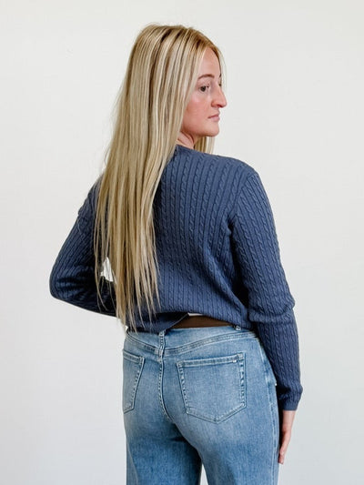 Cable Long Sleeve Buttoned Cardigan in Dusty Navy