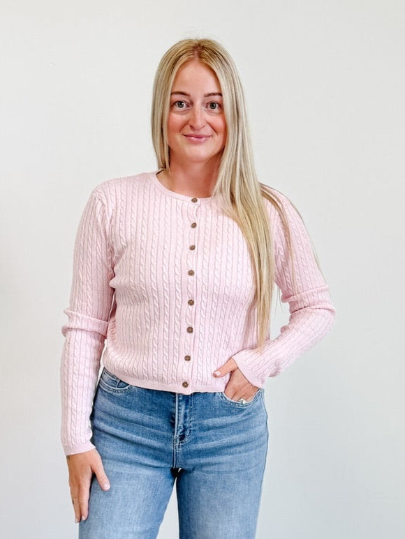 Cable Long Sleeve Buttoned Cardigan in Pink Frost