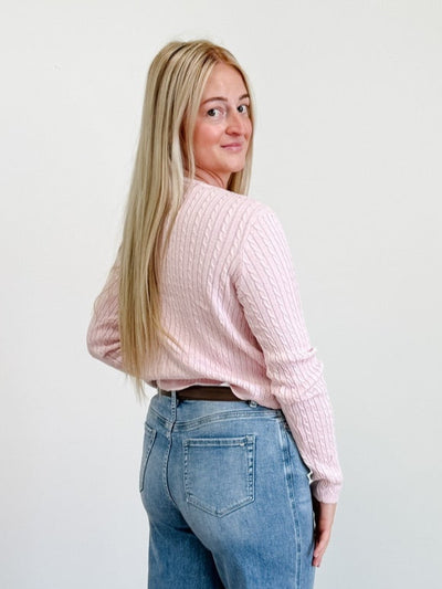Cable Long Sleeve Buttoned Cardigan in Pink Frost