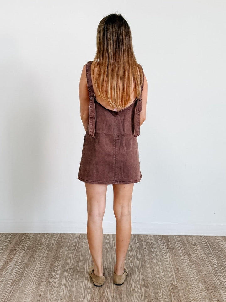 Washed Denim Overall Dress With Adjustable Strap in Mahogany