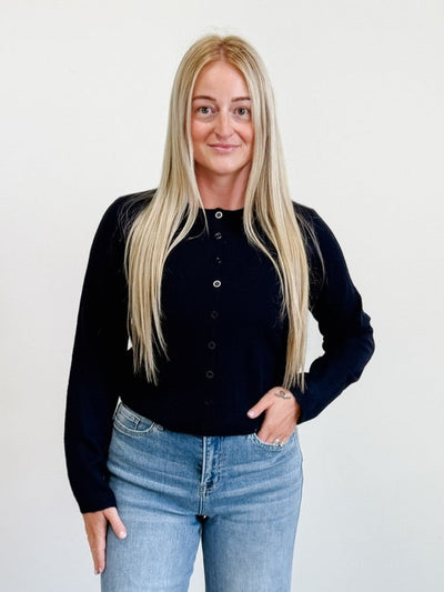 Round Neck Button Down Long Sleeve Cardigan in Navy