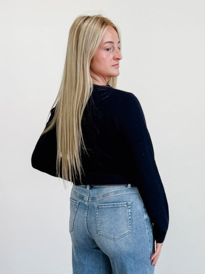 Round Neck Button Down Long Sleeve Cardigan in Navy