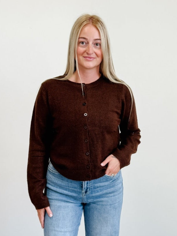 Round Neck Button Down Long Sleeve Cardigan in Brown