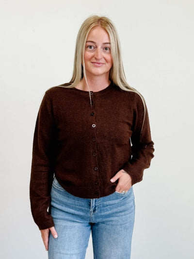Round Neck Button Down Long Sleeve Cardigan in Brown