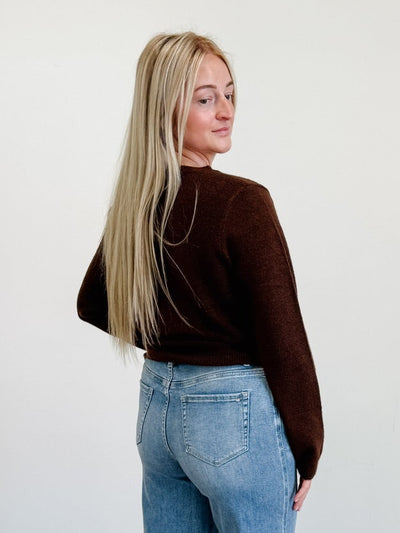Round Neck Button Down Long Sleeve Cardigan in Brown