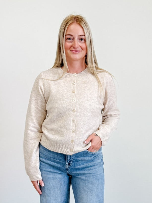 Round Neck Button Down Long Sleeve Cardigan in Cream