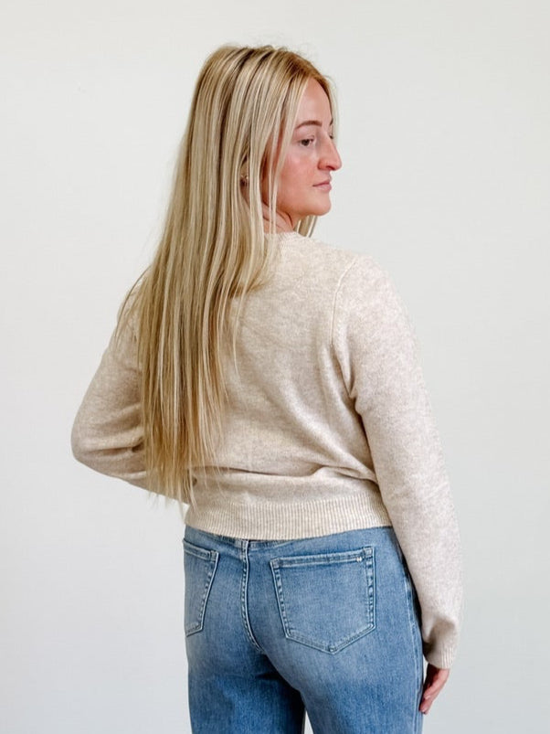 Round Neck Button Down Long Sleeve Cardigan in Cream