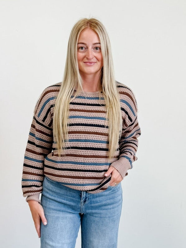 Striped Knitted Drop Shoulder Crew Neck Sweater